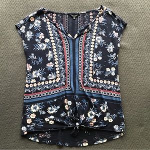 Lucky Brand Navy Blue Floral Top Handkerchief Boho Front Tie Soft Cotton Modal S